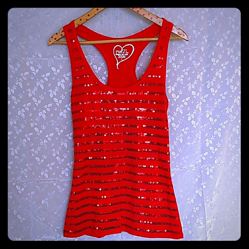 Rue 21 Sequin Stripes Orange Tank Top Size Large